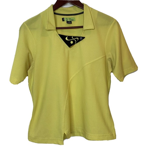 2 A Tee Women's Golf Polo Shirt Medium Textured Lightweight Yellow Green Unique - Picture 1 of 8